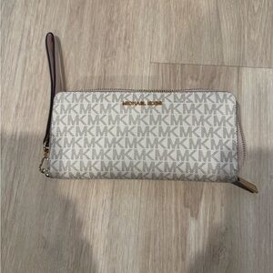 Michael Kors Logo Print Wristlet in Cream and Gold